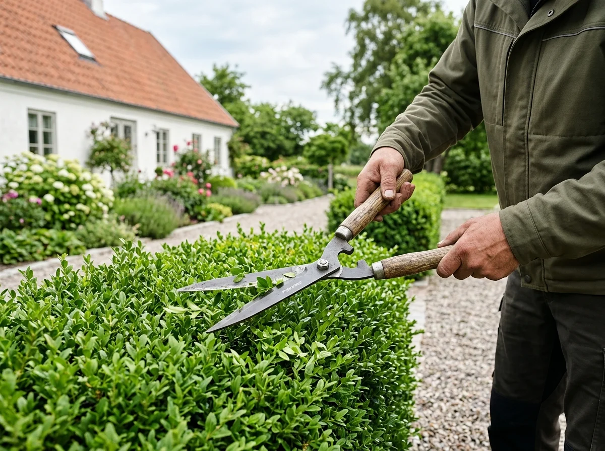 Person klipper häck med trädgårdssax framför vitt hus med rött tak.