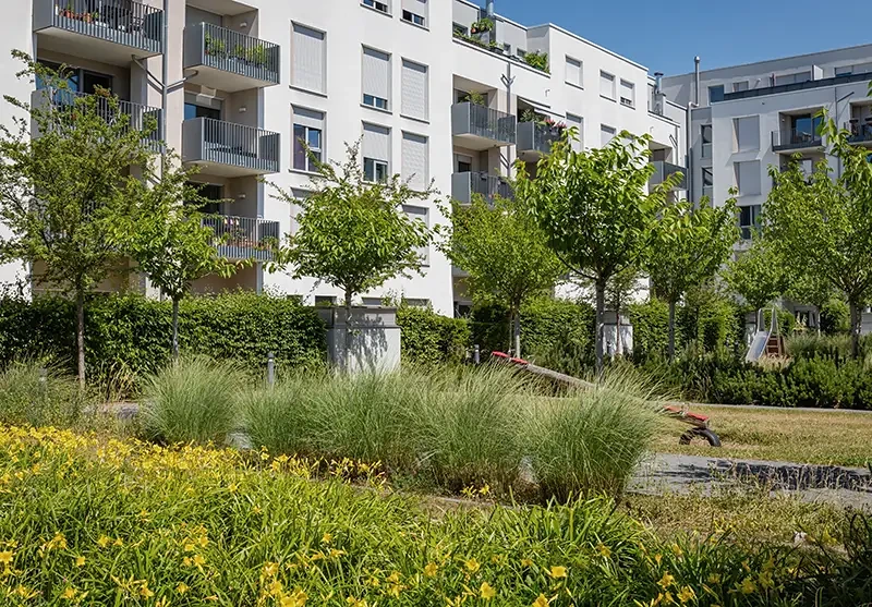 Moderna flerbostadshus med grönskande trädgård och gräsytor i förgrunden.